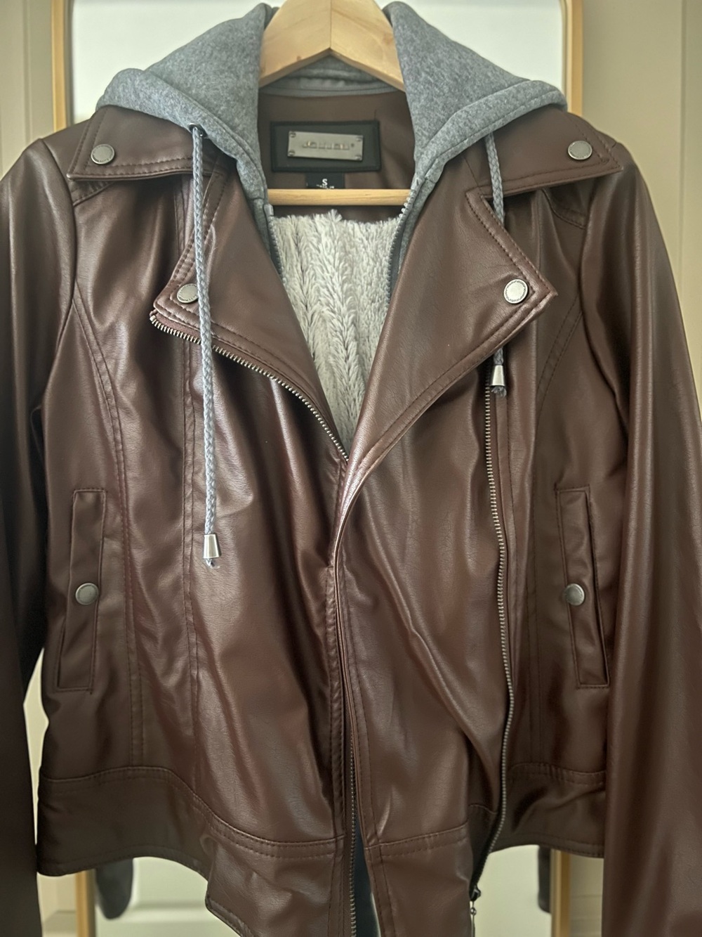Men's Burgundy Faux Leather Hooded Biker Jacket
